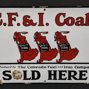 PORCELAIN SIGN C.F. & I. COALS SOLD HERE COLORADO FUEL & IRON CO (DEVIL)