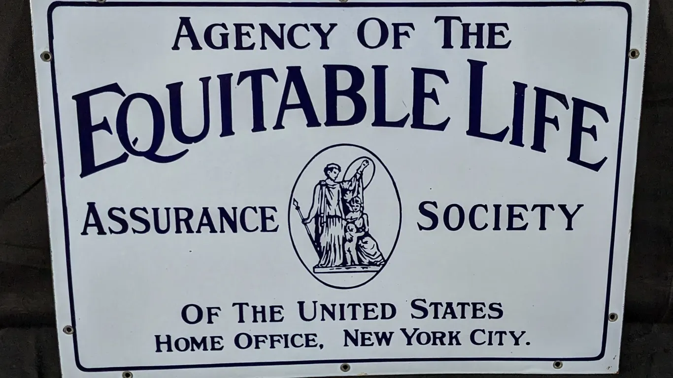 PORCELAIN SIGN AGENCY OF THE EQUITABLE LIFE ASSURANCE SOCIETY OF THE UNITED STATES HOME OFFICE NEW YORK CITY