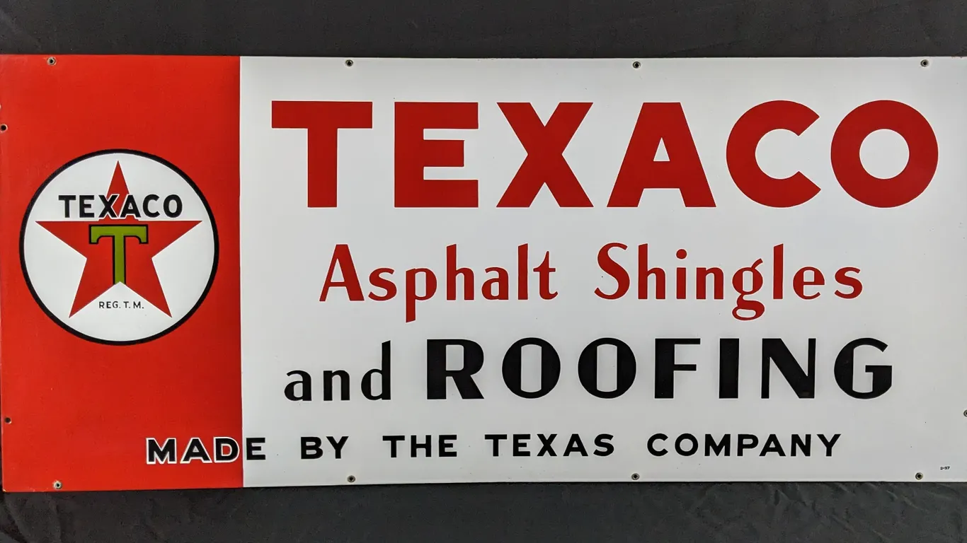PORCELAIN SIGN TEXACO ASPHALT SHINGLES AND ROOFING MADE BY THE TEXAS COMPANY