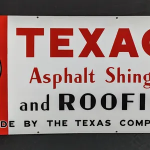 PORCELAIN SIGN TEXACO ASPHALT SHINGLES AND ROOFING MADE BY THE TEXAS COMPANY