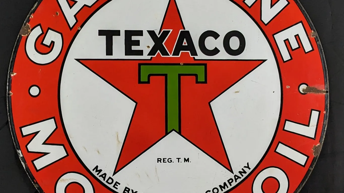 PORCELAIN SIGN TEXACO GASOLINE MOTOR OIL MADE BY THE TEXAS COMPANY (2 SIDED)