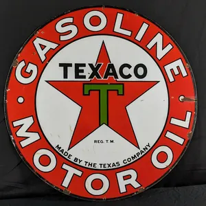 PORCELAIN SIGN TEXACO GASOLINE MOTOR OIL MADE BY THE TEXAS COMPANY (2 SIDED)