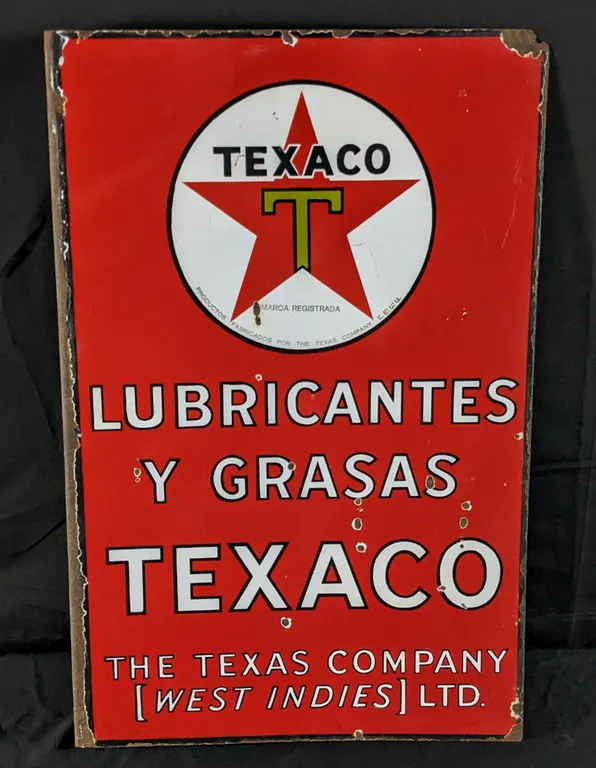 PORCELAIN FLANGE SIGN TEXACO LUBRICANTES Y GRASAS THE TEXAS COMPANT (WEST INDIES) LTD. (BAHAMA'S, CUBA, JAMAICA, PUERTO RICO ETC)