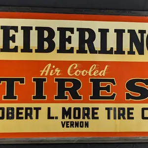 TIN SIGN SEIBERLING AIR COOLED TIRES ROBERT L. MORE TIRE CO VERNON (ORIGINAL WOOD FRAME)