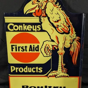 TIN FLANGE SIGN CONKEYS FIRST AID PRODUCTS POULTRY SERVICE STATION