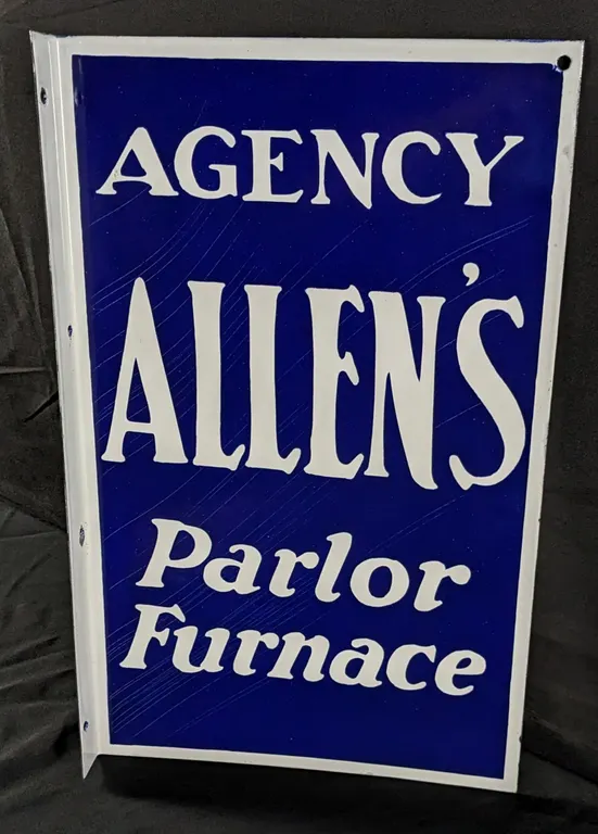 NOS PORCELAIN FLANGE SIGN AGENCY ALLEN'S PARLOR FURNACE