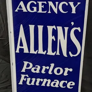 NOS PORCELAIN FLANGE SIGN AGENCY ALLEN'S PARLOR FURNACE