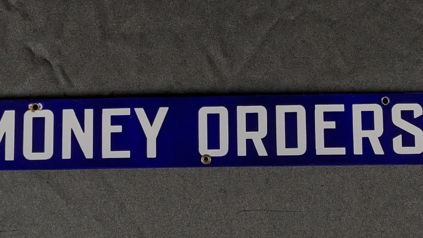 PORCELAIN SIGN CANADIAN NATIONAL EXPRESS MONEY ORDERS FOR SALE HERE (CANADIAN NATIONAL RAILWAYS)