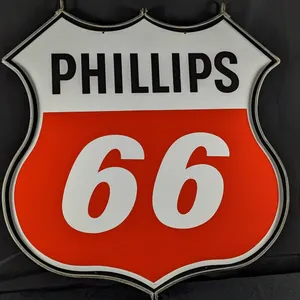 NOS PORCELAIN PHILLIPS 66 GAS STATION SIGN (2 SIDED) (ORIGINAL IRON FRAME)