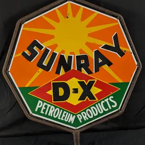 PORCELAIN SIGN SUNRAY D-X PETROLEUM PRODUCTS 2 SIDED IN ORIGINAL IRON RING