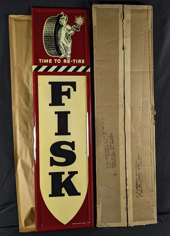 NOS EMBOSSED TIN SIGN FISK TIRES TIME TO RE-TIRE (IN ORIGINAL BOX)