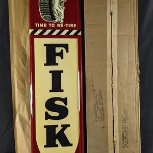 NOS EMBOSSED TIN SIGN FISK TIRES TIME TO RE-TIRE (IN ORIGINAL BOX)