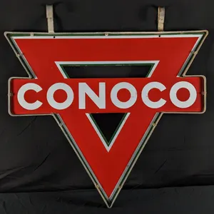 PORCELAIN CONOCO GAS STATION SIGN IN ORIGINAL IRON FRAME (2 SIDED)