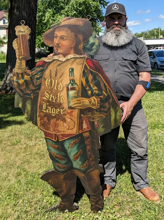 RARE FIGURAL BREWERY BOTTLE HOUSE 1880'S +/- PRE PROHIBITION DOUBLE SIDED WOOD SIGN OLD STYLE LAGER BEER GRENADIER (HEILEMANS BREWING LA CROSSE WI