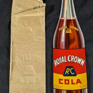 NOS EMBOSSED TIN BOTTLE SHAPED DOOR PUSH SIGN ROYAL CROWN RC COLA