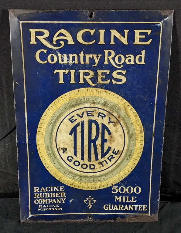 TIN SIGN RACINE COUNTRY ROAD TIRES RACINE WISCONSIN