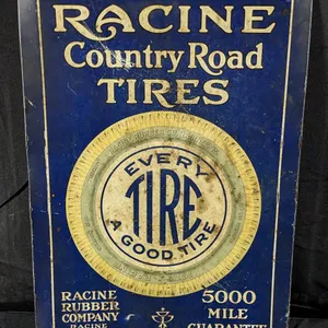 TIN SIGN RACINE COUNTRY ROAD TIRES RACINE WISCONSIN