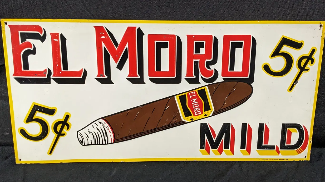 EMBOSSED TIN SIGN EL MORO MILD CIGARS 5¢