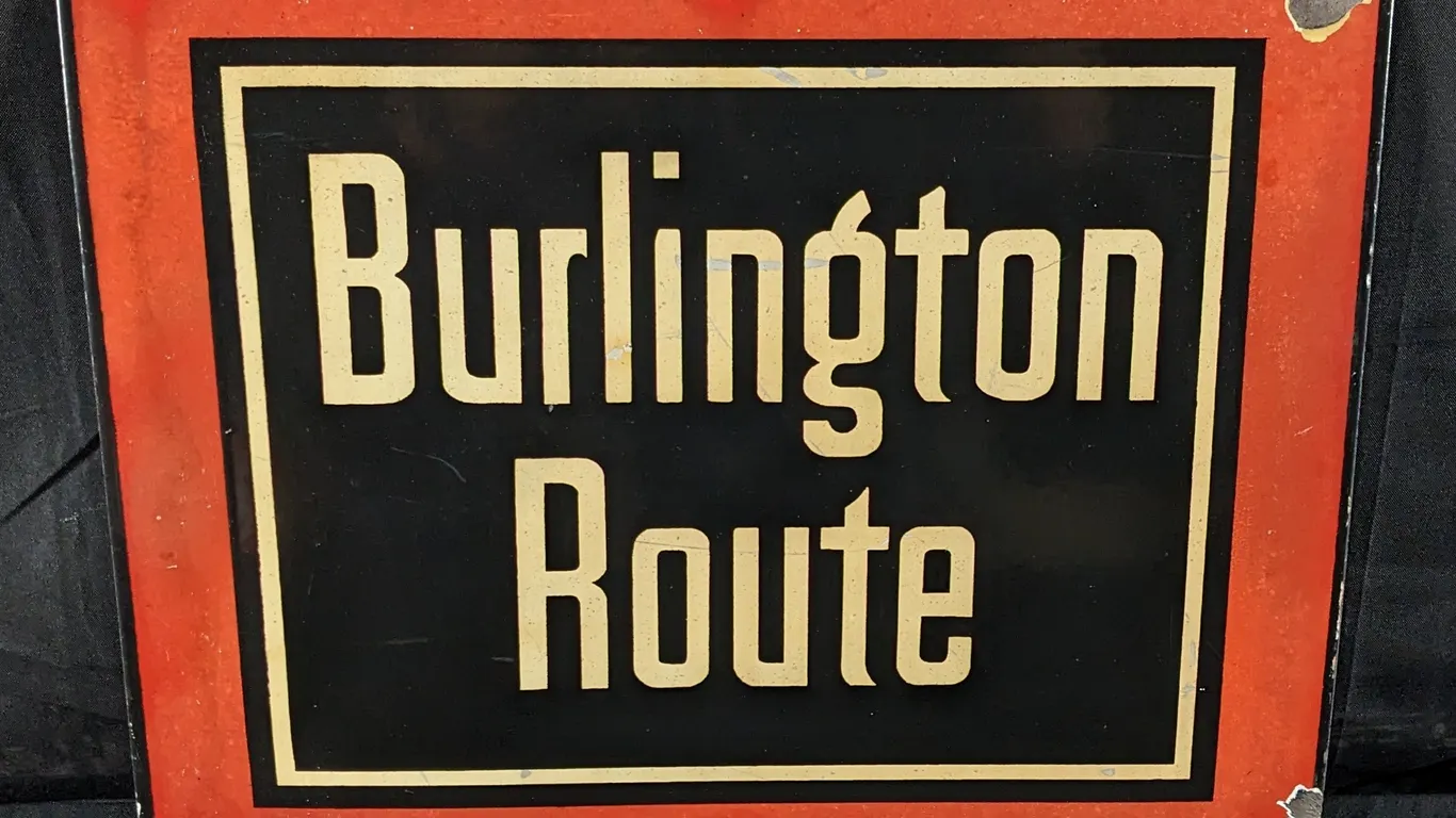 PORCELAIN RAILROAD SIGN BURLINGTON ROUTE TRAIN C.B. & Q. CHICAGO BURLINGTON & QUINCY RAIL ROAD