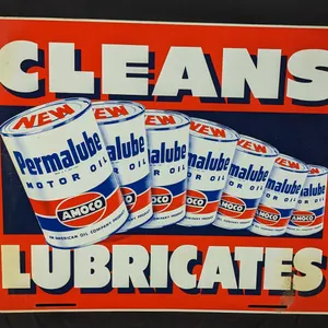 TIN SIGN AMERICAN OIL CO AMOCO PERMALUBE MOTOR OIL & CLEAN REST ROOMS (2 SIDED)