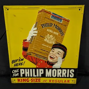 EMBOSSED TIN SIGN CALL FOR PHILIP MORRIS KING SIZE OR REGULAR (BELL BOY)