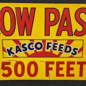 EMBOSSED TIN SIGN COW PASS 500 FEET KASCO FEEDS