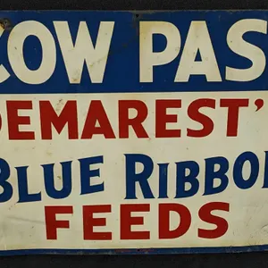 TIN SIGN COW PASS DEMAREST'S BLUE RIBBON FEEDS