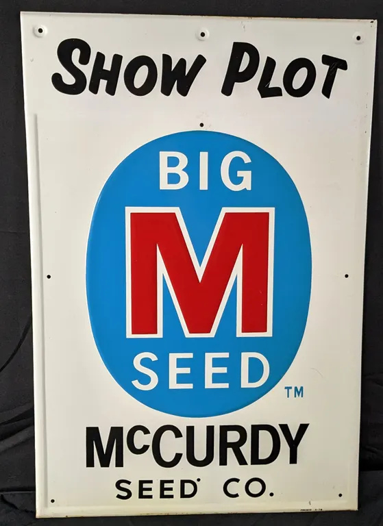 NOS EMBOSSED TIN SIGN SHOW PLOT BIG M SEED MCCURDY SEED CO