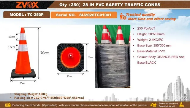 Quantity of (250) 2026 ZVOX TC-250P 28 in PVC Safety Traffic Cones (Unused)