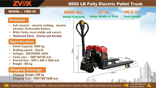 2026 ZVOX CBD-30 6600 lb Electric Pallet Jack (Unused)