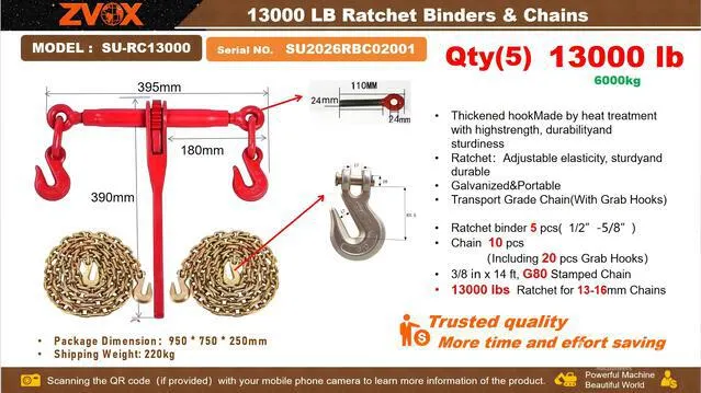 Quantity of 2026 ZVOX SU-RC13000 13000 lb Ratchet Binders & Chains (Unused)