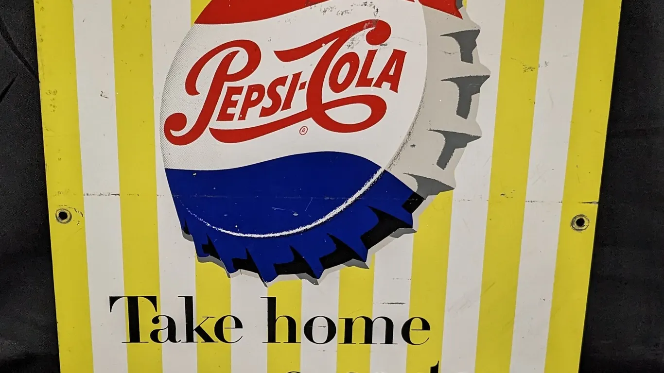 TIN RACK SIGN PEPSI COLA TAKE HOME A CARTON (2 SIDED)