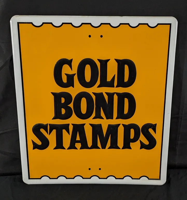 NOS EMBOSSED ALUMINUM SIGN GOLD BOND STAMPS