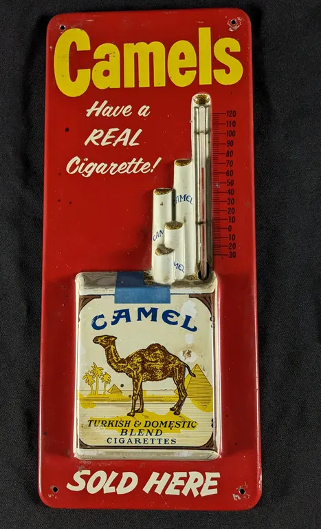 EMBOSSED TIN THERMOMETER SIGN CAMEL CIGARETTES