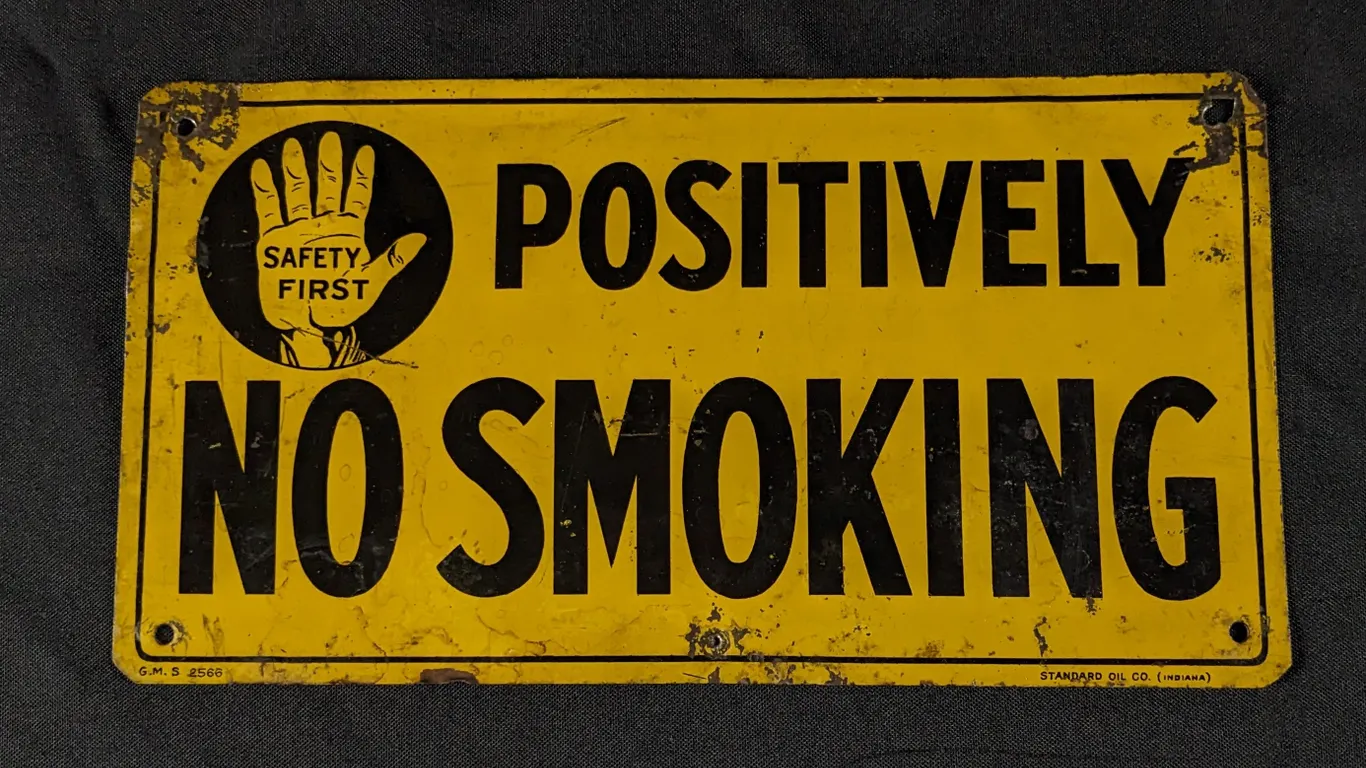 TIN SIGN SAFETY FIRST POSITIVELY NO SMOKING STANDARD OILCOMPANY INDIANA