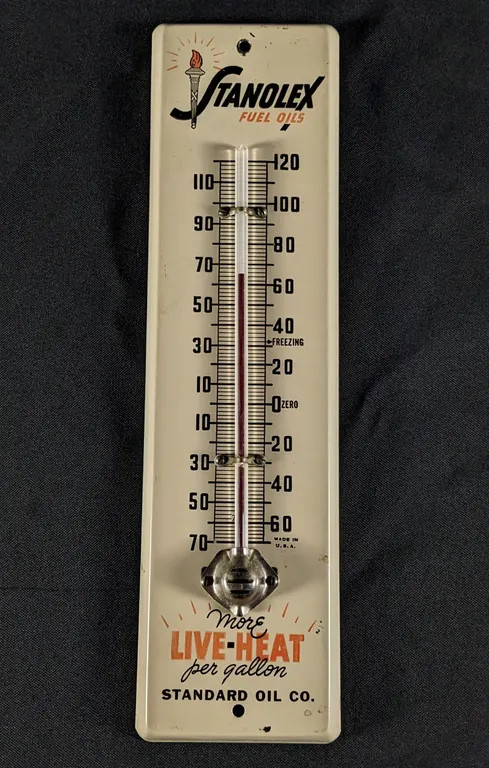 TIN THERMOMETER SIGN STANOLEX FUEL OILS STANDARD OIL COMPANY