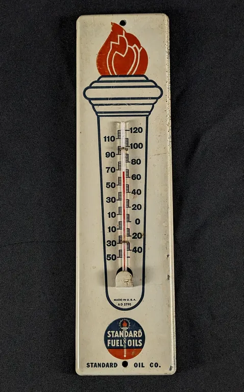 TIN THERMOMETER SIGN STANDARD FUEL OILS STANDARD OIL COMPANY