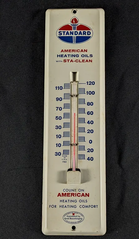TIN THERMOMETER SIGN AMERICAN HEATING OILS STA-CLEAN STANDARD OIL COMPANY