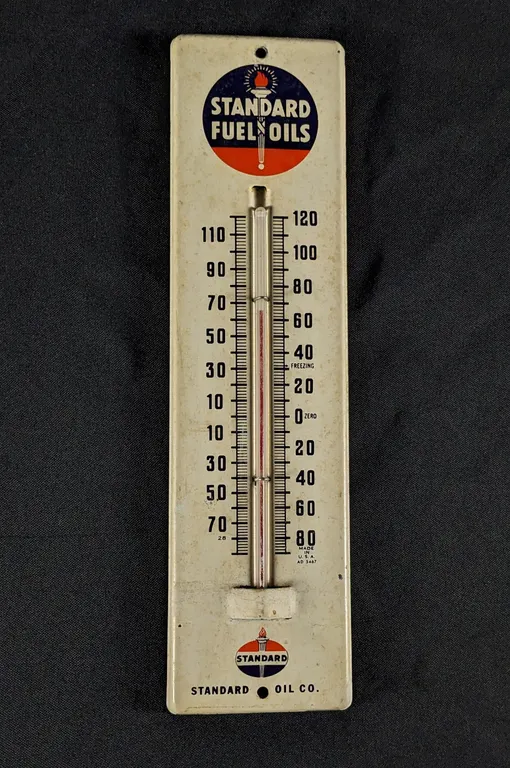 TIN THERMOMETER SIGN STANDARD FUELS OILS STANDARD OIL CO