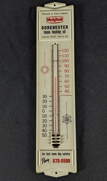 TIN THERMOMETER SIGN MOBIL DORCHESTER HOME HEATING OIL WISCONSIN