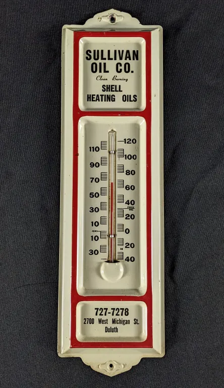 TIN THERMOMETER SIGN SHELL HEATING OILS SULLIVAN OIL CO DULUTH MINNESOTA