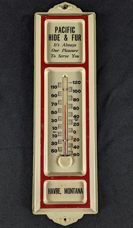 TIN THERMOMETER SIGN PACIFIC HIDE & FUR HAVRE MONTANA