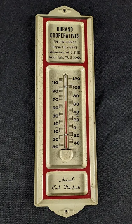 TIN THERMOMETER SIGN DURAND COOPERATIVES PEPIN ARKANSAW ROCK FALLS WISCONSIN