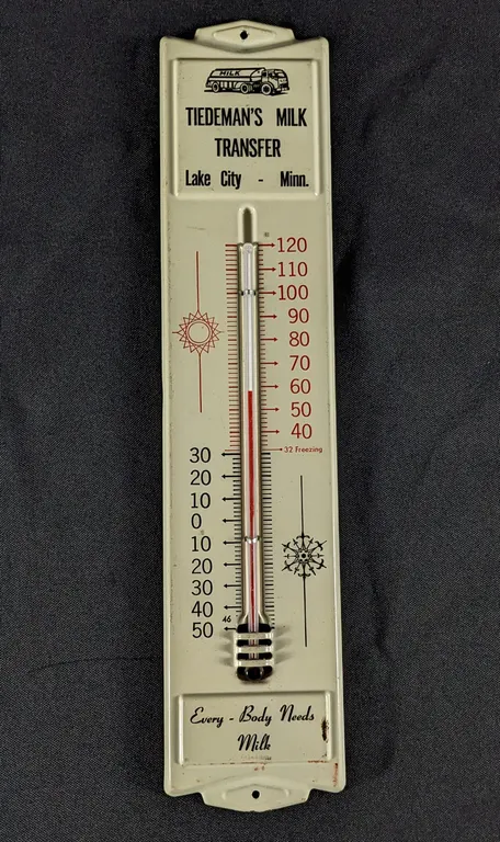 TIN THERMOMETER SIGN TIEDEMAN'S MILK TRANSFER LAKE CITY MINNESOTA