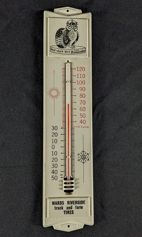 TIN THERMOMETER SIGN WARDS RIVERSIDE TRUCK AND FARM TIRES OWL