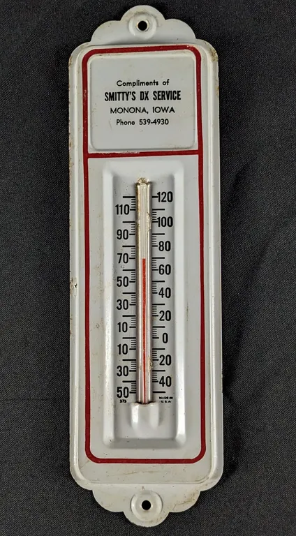 TIN THERMOMETER SIGN SMITTY'S DX SERVICE MONONA IOWA