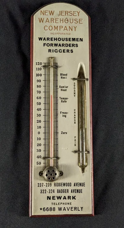WOOD THERMOMETER BAROMETER SIGN NEW JERSEY WAREHOUSE COMPANY NEWARK