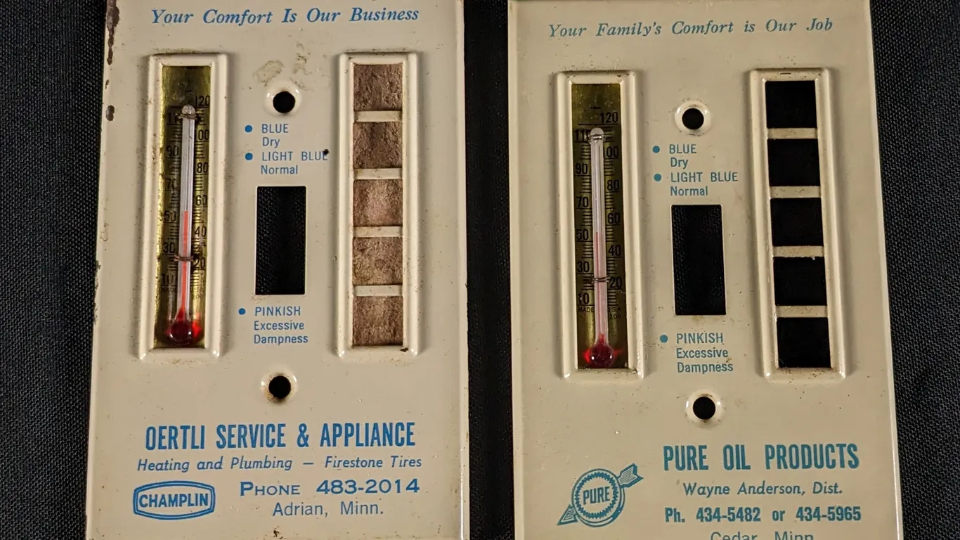 2TIN THERMOMETER LIGHT SWITCH COVER SIGNS PURE OIL CO CEDAR MN, CHAMPLIN OIL ADRIAN MINNESOTA
