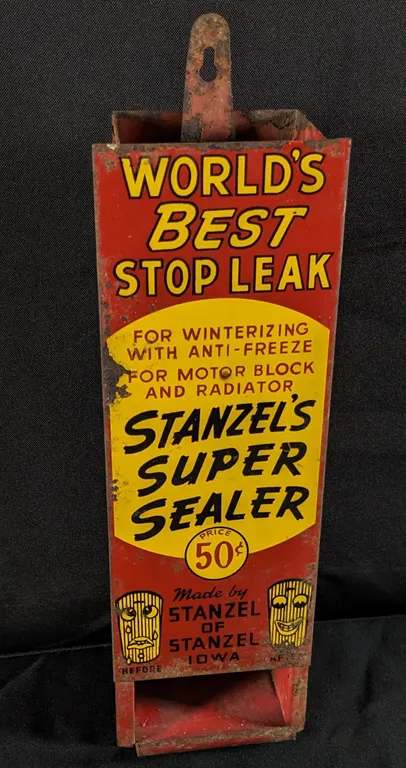 TIN DISPLAY RACK TANZEL'S SUPER SEALER PRICE 50¢ STANZEL IOWA