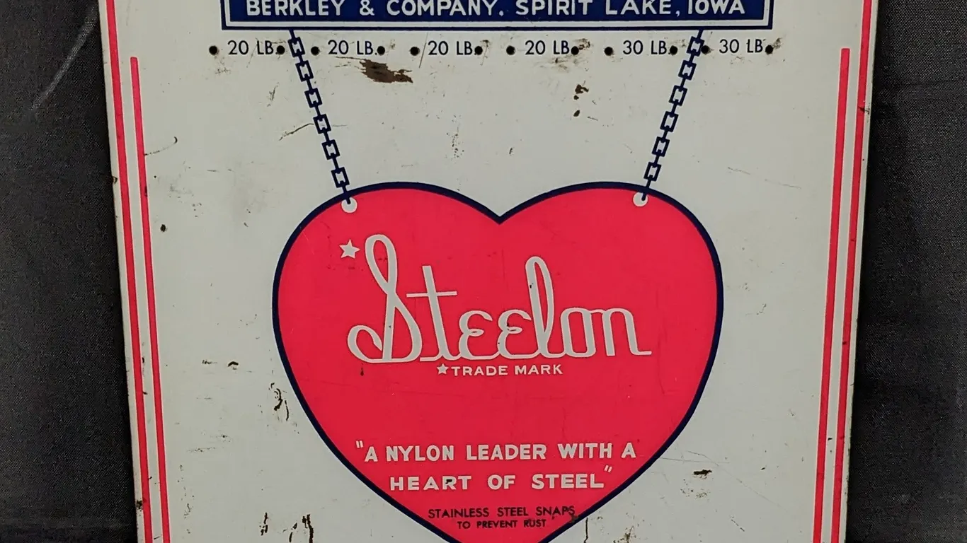 TIN SIGN STEELON FISHING LEADERS BERKLEY & CO SPIRIT LAKE IOWA